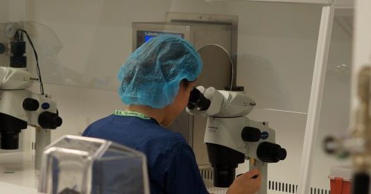 Lab technicians looking through microscopes